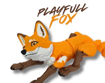 May include: A playful orange fox figurine with white and brown accents. The fox is in a running pose, with the text "PLAYFULL FOX" in brown and orange above it.