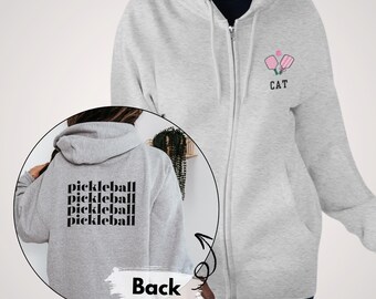 Custom Pickleball Zip Up Hoodie Personalized Name Initials Sweatshirt Gift for Pickleball Player Unisex Monogram Hoodie Pickleball Lover
