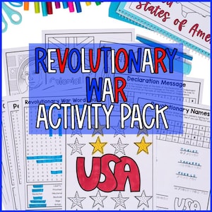 May include: A printable activity pack for learning about the American Revolutionary War. The pack includes a word search, a declaration message, a revolutionary names activity, and a coloring page with the word "USA" and stars.