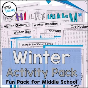 May include: A collection of winter-themed activity sheets for middle school students. The cover features the words "Winter Activity Pack" in large white letters over a blue background. Other sheets include word searches and puzzles.