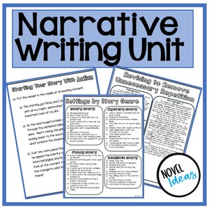 Puede incluir: Un póster educativo con borde azul titulado "Narrative Writing Unit" con texto y gráficos. Incluye secciones sobre acción de la historia, géneros de historias y revisión de la escritura. Un logotipo de "Novel Ideas" está en la esquina inferior derecha.