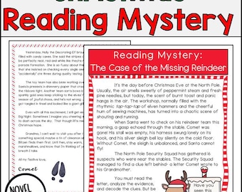 May include: An educational resource with a Christmas theme, titled "Christmas Reading Mystery." The image includes text about a missing reindeer case, a cartoon reindeer, and a sign asking "Have you seen this reindeer?"