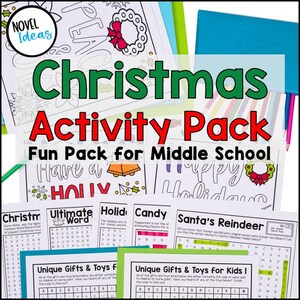 May include: A Christmas Activity Pack for middle school students. The pack includes various activity sheets with Christmas-themed word searches, puzzles, and coloring pages. The cover features the text "Christmas Activity Pack" in green and red.