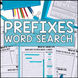 May include: A set of four word search puzzles featuring prefixes. The puzzles are printed on white paper with blue borders. The title of the puzzles is "Prefixes Word Search".