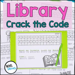 May include: A green and white printable worksheet with the title "Library Crack the Code". The worksheet features a code-breaking activity with a grid of letters and symbols. The activity asks "What do planets like to read?" and includes a picture of a book with a rocket and planets.