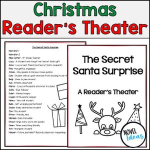 May include: A black and white illustration for "The Secret Santa Surprise: A Reader's Theater" with a Christmas theme. The image includes a Christmas tree, reindeer, and a party hat. Text includes character names and descriptions.