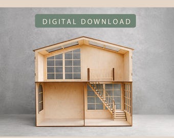 Domek dla lalek wycinany laserowo 1:6, nowoczesny dom w stylu loft | Pobieranie cyfrowe | dxf svg pdf ai