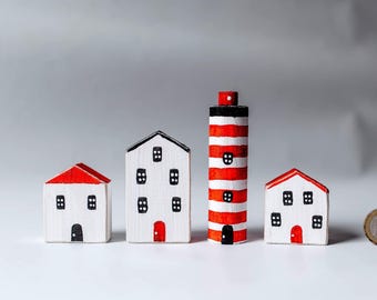 Coastal Wooden House & Lighthouse Set – Nautical Tiered Tray Decor