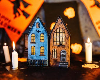 Handmade Wooden Halloween House Set: Spooky Rustic Gothic Decor