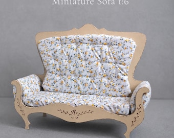 1:6 Scale Miniature Sofa, Handmade Wooden Doll Furniture, Cottage Style
