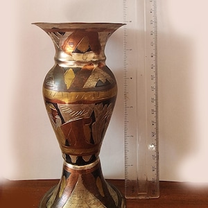 Vintage Brass Inlay Vase – 8” Hand-Etched Decorative Metal Vase – Middle Eastern Boohoo Décor – Copper Silver Accent – Ethnic Home Style