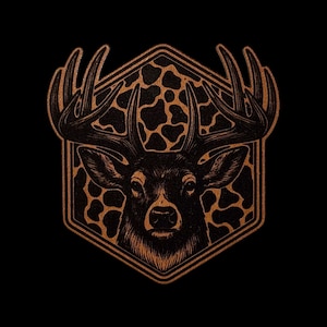 May include: A graphic illustration of a deer head with large antlers centered within a hexagonal frame. The background inside the hexagon features a copper-colored animal print pattern, while the deer is rendered in black and copper tones.