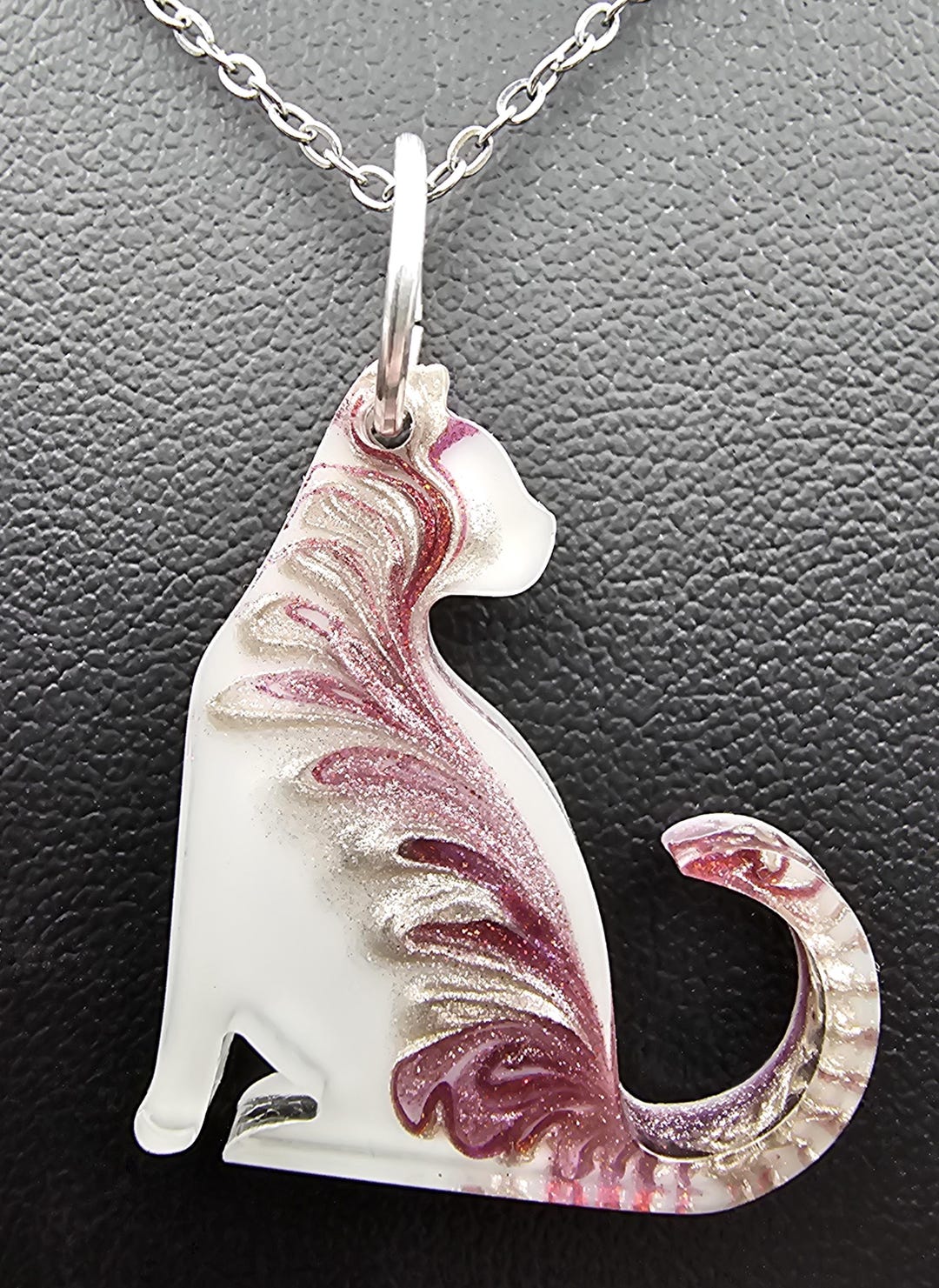 Raspberry Cat Pendant Necklace: Black Swirl, Silvertone Chain - Etsy