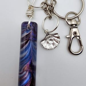 Purple Resin Purse Charm Beach Seashell Keychain Cat Eye Keyring Wire Wrapped Jewelry Colorful Backpack Tag Gifts for Summer