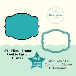 Könnte beinhalten: Ein türkisfarbener Rahmen-Ausstecher-Entwurf mit schwarzer Umrandung und passender Kontur. Das Bild enthält den Text "STL Files - Frame Cookie Cutter 11 sizes" und "PNG Image included". Ein Logo von Dulceglass Store ist ebenfalls vorhanden.