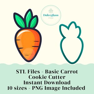 Puede incluir: Una descarga digital de 10 archivos STL para un cortador de galletas de zanahoria básico. La imagen muestra una zanahoria de dibujos animados con hojas verdes y un contorno azul de la forma del cortador de galletas. El texto "STL Files - Basic Carrot Cookie Cutter Instant Download 10 sizes - PNG Image Included" está en la parte inferior de la imagen.