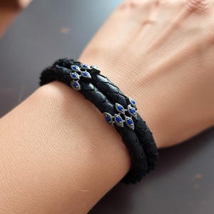 Black Python Leather Bracelet with Blue Stones, Silver Marquise Leaf Charm Bracelet, Double Strand Snakeskin Cuff