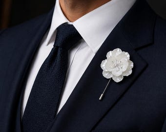 Wedding Boutonniere – Peony Flower Lapel Pin for Groom, Handmade White Peony Groomsmen Buttonhole