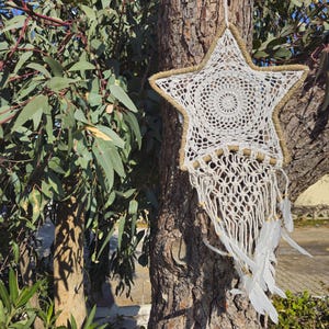 Star Dreamcatcher - 18&quot; Boho Crochet Wall Hanging, Celestial Nursery, Bedroom Decor, Spiritual Gift, Housewarming Gifts for Newborn