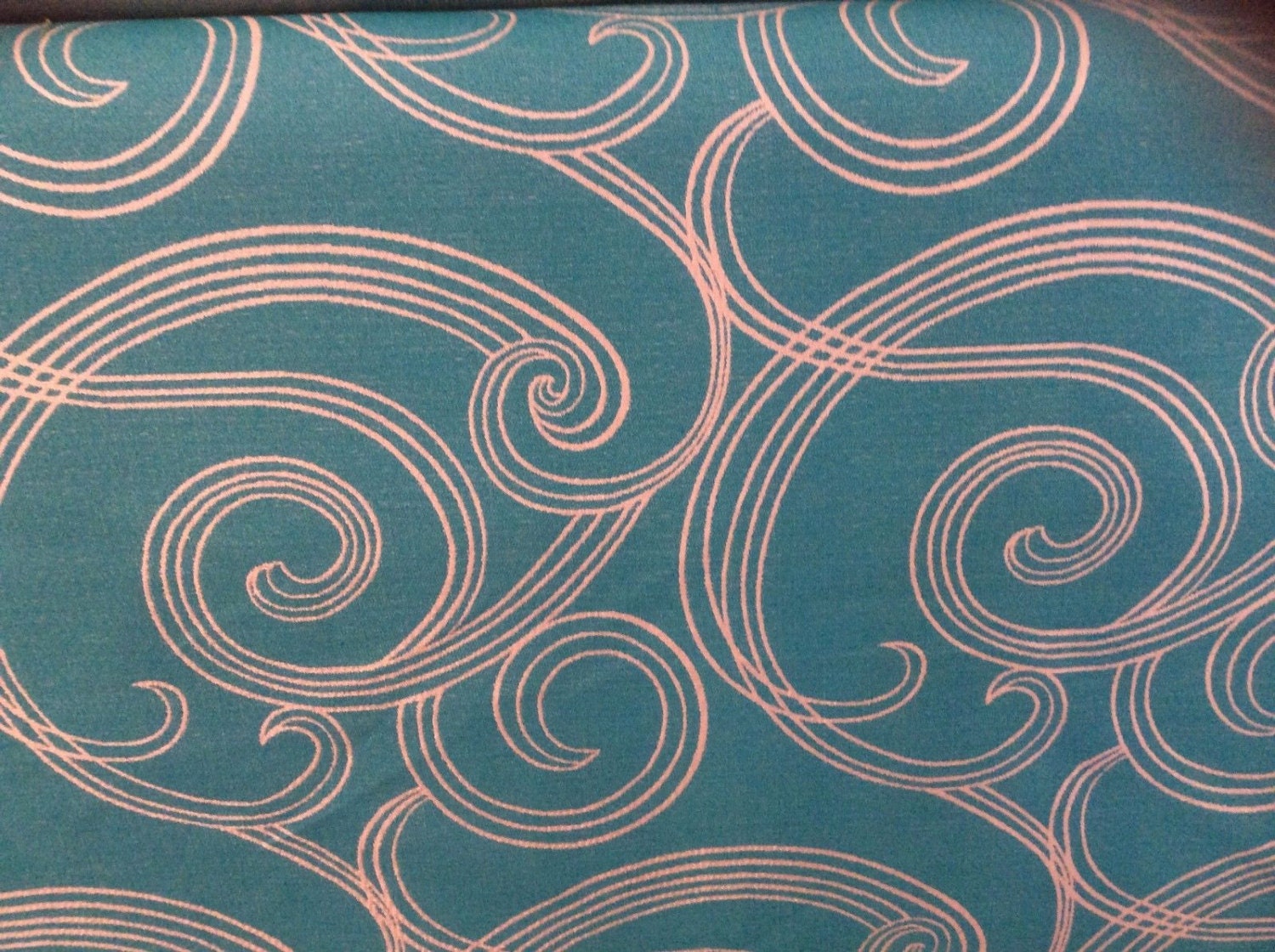 WHITE SWIRLS Woven on TURQUOISE Reversible Upholstery Fabric Home Decor ...