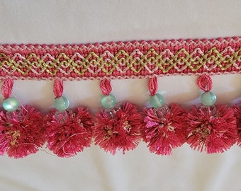 Hot PINK Pom P om BALL and BEAD Trim 6 Yard Piece