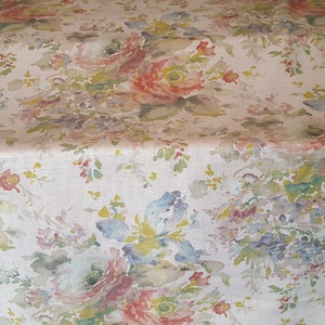 Fresh FLORAL Printed LINEN PINK Blue Green Remnants Drapery Upholstery Fabric