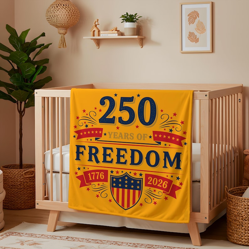 A nursery room with a wooden crib, a yellow blanket with a patriotic design, and various decorative elements such as a potted plant and a framed picture on the wall.