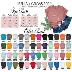 The image is a color chart for a unisex short sleeve t-shirt, displaying a variety of different colors and their corresponding measurements.