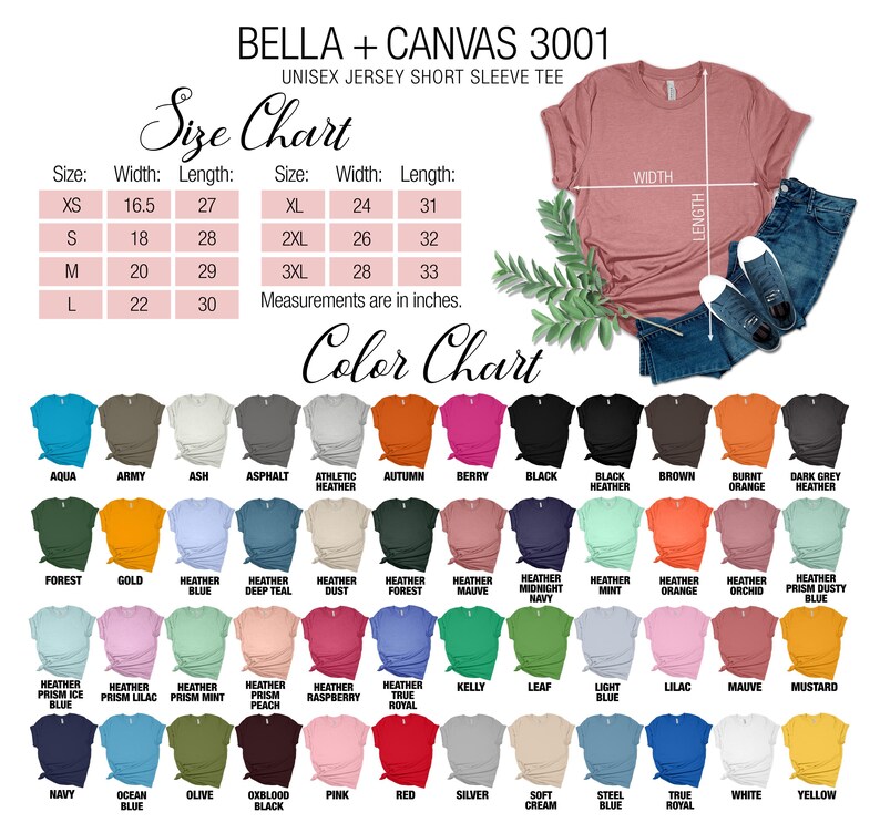 The image is a color chart for a unisex short sleeve t-shirt, displaying a variety of different colors and their corresponding measurements.