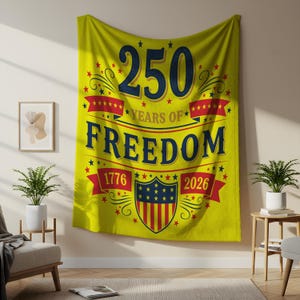 a large yellow banner hanging on a wall, celebrating the 250th anniversary of the United States' independence.