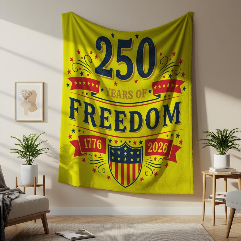 a large yellow banner hanging on a wall, celebrating the 250th anniversary of the United States' independence.
