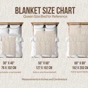 The image is a blanket size chart that provides measurements for different queen size beds, including 30" x 40", 50" x 60", and 60" x 80" sizes. The chart also includes measurements in inches and centimeters.