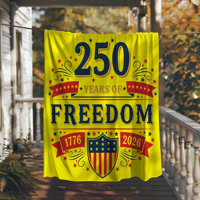 A yellow banner with the text "250 YEARS OF FREEDOM" and a shield design, hanging on a porch.