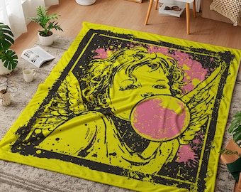 Coquette Cupid Blanket, Blowing Bubble Gum Cherub Throw, Yellow Y2K Aesthetic Bedding, Trendy Dorm Room Decor