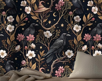 Black Gothic Mural with Crows,Mystic Floral Wallpaper,Moody Bedroom Wall Decor,Pink Flowers Wall Art,Wizard Peel and Stick Wallpaper