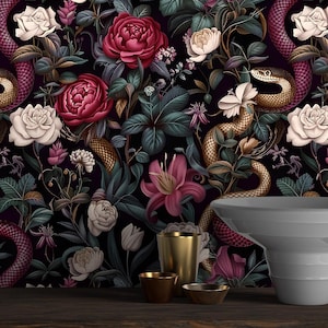 Dark Gothic Mural,Serents Wallpaper Peel and Stick,Snakes and Flowers Wall Decor Peel and Stick,Mystic Wall Art,Floral Mural