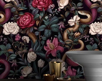 May include: Dark floral wallpaper featuring a repeating pattern of snakes, roses, and lilies in shades of burgundy, gold, and white against a black background. The design includes a wooden table with gold and white decorative items.