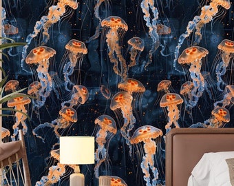 Dark Marine Wallpaper,Jellyfish Mural Peel and Stick,Sea Life Wall Decor,Nautical Wall Art,Navy Wallpaper Self-adhesive