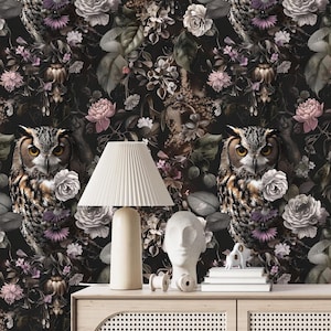 Schwarzes Gothic Wandbild mit Eulen Schälen und Stecken, Dunkles Blumen Wandbild, Mystisches Badezimmer Wanddekor, Pfingstrose Blumen Wanddekor, Zauberwald Wandbild