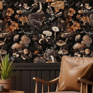 Papier peint champignon, décoration murale plantes de la forêt sombre, décoration murale botanique noire, art mural jungle gothique, papier peint de chambre mystique