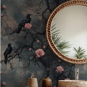 Dark Floral Wallpaper with Crows,Gothic Mural Peel and Stick,Botanical Moody Wall Decor,Pink Flowers Wall Art,Corvi Wallpaper,Bathroom Mural