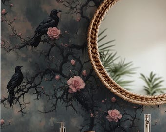 Dark Floral Wallpaper with Crows,Gothic Mural Peel and Stick,Botanical Moody Wall Decor,Pink Flowers Wall Art,Corvi Wallpaper,Bathroom Mural