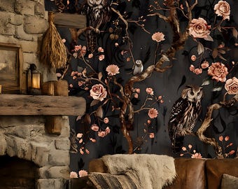 May include: A cozy living room with a stone fireplace, leather sofa, and wooden furniture. The focal point is a dark floral wallpaper with owls and roses. A lit fireplace and warm lighting create a welcoming atmosphere. The room is decorated in a rustic style.
