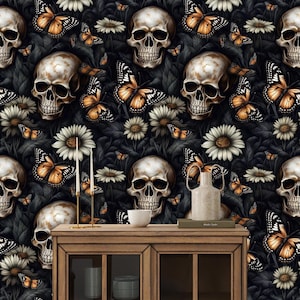 Black Gothic Skull and Flower Wallpaper,Dark Floral Mural Peel and Stick,Mysterious Botanical Home Decor,Forest Wallpaper with Butterfly