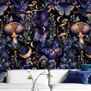 Botanische Nacht Tapete,Pilz Wandbild Schälen und Aufkleben,Blumen Wanddekor,Sternenklare Nacht Wandkunst,Mystische Tapete,Geheimes Garten Wandbild