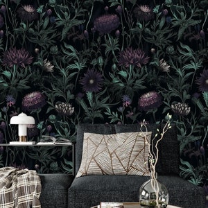 Dark Floral Wallpaper Self-Adhesive,Forest Plants Mural Peel and Stick,Black Botanical Wall Decor,Gothic Jungle Wall Art,Milk Thistle Mural