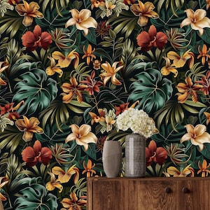 Tropical Jungle Wallpaper with Monstera Leaves,Exotic Vintage Flowers Mural,Dark Botanical Wall Decor,Floral Decal,