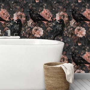 Dark Floral Wallpaper with Crows,Gothic Mural Peel and Stick,Peony Wall Decor,Pink Flowers Wall Art,Corvi Wallpaper,Moody Decor