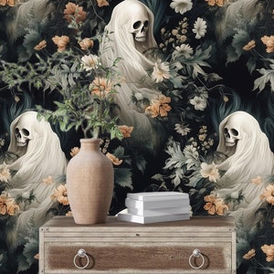 Dark Gothic Mural,Ghost Skull Wallpaper Peel and Stick,Floral Wall Decor Peel and Stick,Mystic Wall Art,Botanical Wall Art,Black Wallpaper