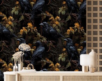 Murale gotico nero con corvi, carta da parati botanica scura, decorazione da parete per camera da letto mistica stacca e attacca, arte murale malinconica con corvi, carta da parati mago